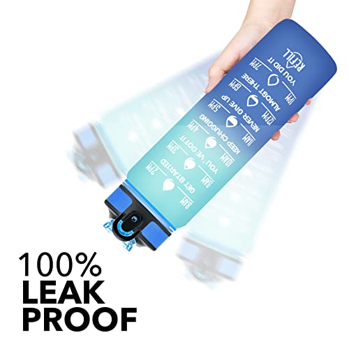 Hyeta Water Bottle with Straw & Time Marker, Plastic 32oz Leakproof | Motivational Tritan BPA Free Gym Office Outdoor Intake Tracker Hourly Reminder Straw Lid Carry Strap - color: Green-Blue