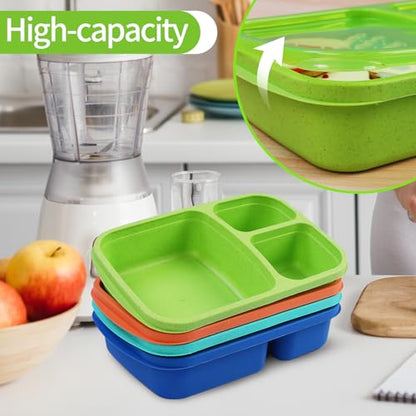 buluker 4 Pack Bento Lunch Box Set 3 Compartment Wheat Straw Meal Prep Food Storage Containers Plastic, Microwave and Dishwasher Safe（Jewel Brights） - color: 4 Pack（Jewel Brights）