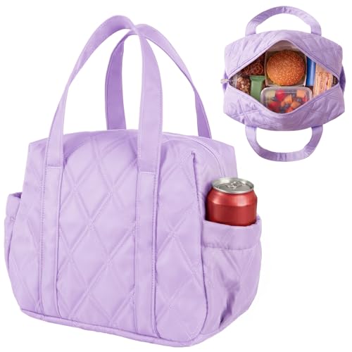 Quilted Puffer Lunch Bag for Women, Insulated Lunch Tote with Foil Lining, Leak-Resistant Reusable Lunch Cooler Bag, Roomy Soft Lunch Box for Work, School, Picnic and Travel (Purple) - color: Purple