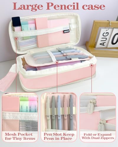 54Pcs Aesthetic School Supplies Set with Large Pastel Pencil Case 12 Dual Tip Highlighters, 6 Gel Pens, 5 Black Pens, 5 Mechanical Pencils (0.5-2.0mm) for Students Stationary College Essentials Gifts - color: Pink