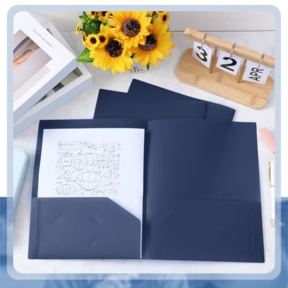 Gueevin 24 Pcs Plastic Folders with Pockets, Back to School Two Pocket Folder Fit Letter Size, Heavy Duty School Business Card Holder for Home Office, 11. 61 x 9. 45 Inches (Navy Blue) - color: Navy Blue