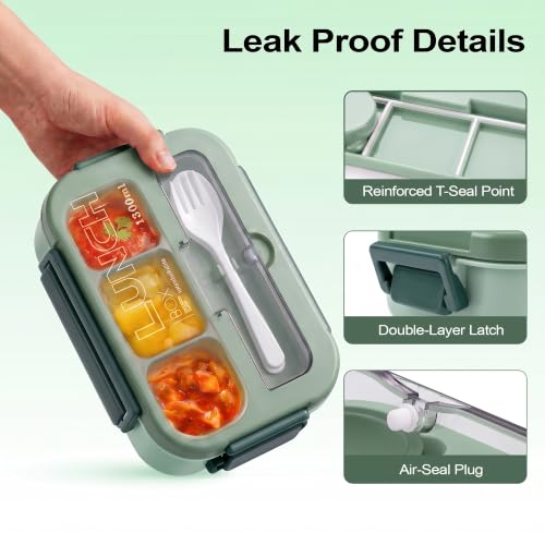 Bento Box Adult Lunch Box, Lunch Containers for Adults 44.5 Oz/5 Cup, Green | BPA-Free, Lid-Top Sauce Tray, Leak-Proof, 1300mL, Removable Silicone Sealing Ring, Lid-Top Utensil Slot with Included Cutlery - color: Green