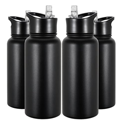 32 oz Insulated Water Bottle Bulk 4 Pack, Stainless Steel Sports Water Bottles with Straw Lid & Wide Mouth Lids, Double Walled Vacuum, Leak Proof, Black - color: Black, size: 32 Ounces-4