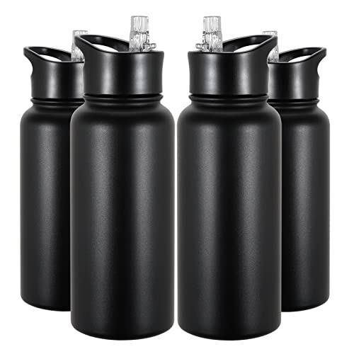 32 oz Insulated Water Bottle Bulk 4 Pack, Stainless Steel Sports Water Bottles with Straw Lid & Wide Mouth Lids, Double Walled Vacuum, Leak Proof, Black - color: Black, size: 32 Ounces-4