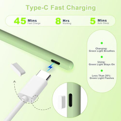 Stylus Pen for iPad, Magnetic Wireless Charging & USB C Fast Charge Pencil Compatible with Apple iPad (A16)11/10/9/8/7/6th Generation, Pro 13"/12.9"/11", Air M3/M2/5/4/3, Mini (A17 Pro)7/6/5 Gen Green - color: Green+6pcs Replacement Nibs
