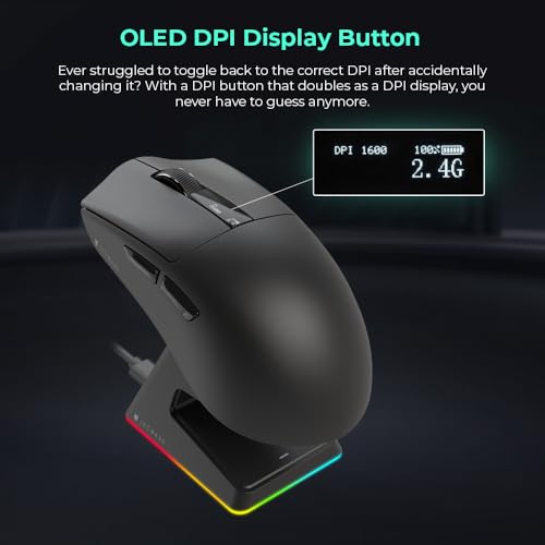 TECWARE EX1 Lightweight Gaming Mouse | 26K DPI Wireless Mouse with OLED Display | 59g Ultra-Light Design | RGB Charging Dock | Tri-Mode Connectivity 2.4GHz/Bluetooth/Wired with Grip Tape | Black - color: Black