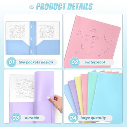 Yeaqee 12 Pcs Pastel Folders with Pockets and Prongs Plastic Folder 2 Pockets 3 Prongs with Card Slot for Office, School for Students, Teachers, Office Workers - color: Pastel