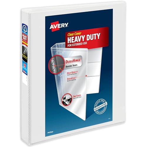 Avery Heavy-Duty View 3 Ring Binder, 1 Inch One Touch Slant Rings, 250-Sheet Capacity, DuraHinge, 1.4 Inch Wide Spine, Customizable Clear Cover and Spine, 1 White Binder (79799) - size: 1"