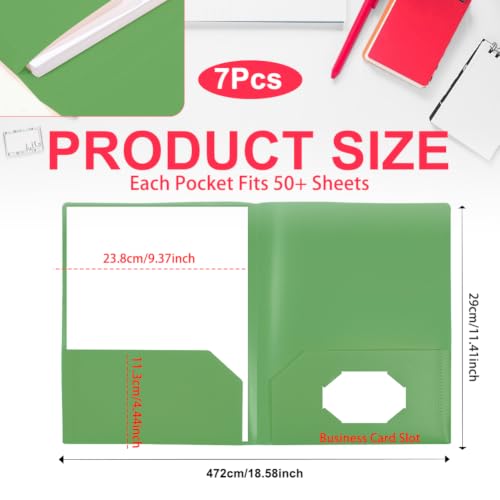 7 Pack Green Plastic Folders with Pockets, 2 Pocket Folders Bulk, Plastic Paper File Folders with Card Slot for Back to School Home Office File Letter Size Paper - color: Green