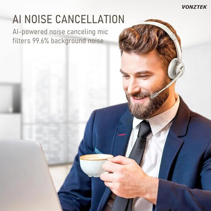 Wireless Headset, Bluetooth Headphones with Microphone Noise Canceling & Mute, 5.0 Trucker Bluetooth Headset with Mic/USB Dongle for Cell Phone Computer Work Office Teams Meeting Call Center - color: Champagne Gold & White