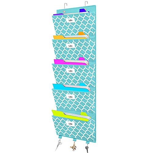 Over the Door File Organizer, Hanging File Folders, Wall Organizers and Storage for Mail, Magazine, Notebooks, Planners, Office, Classroom, 5 Extra Large Pockets, 50.39” Tall (Blue Lantern Pattern) - color: Blue Lantern Pattern
