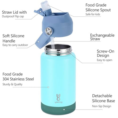 Kids Insulated Water Bottle with Straw Lid & Silicone Handle,12oz Kids Leak Proof Water Bottle for School Boys Girls,Double Wall Vacuum Stainless Steel with Non-slip Silicone Base(Light Green) - color: Bluish Green, size: 12 Ounces