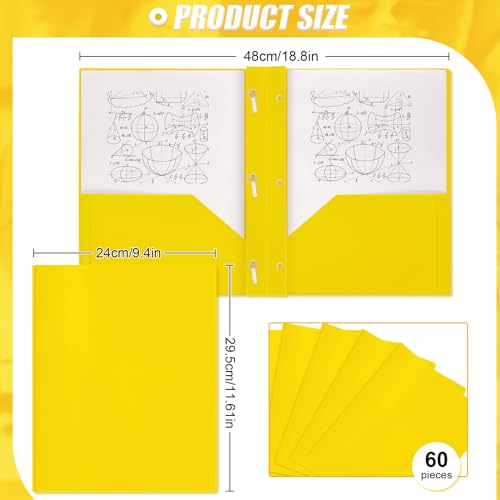 Yeaqee 60 Pcs Plastic Folders with Pockets and Prongs Plastic Folder 2 Pockets 3 Prongs with Card Slot for Office, School for Students, Teachers, Office Workers (Yellow) - color: Yellow