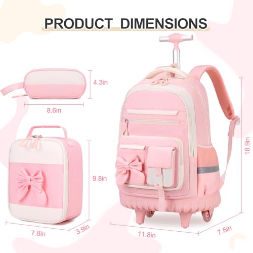 DIGOBAY Rolling Backpack for Girls, Cute Roller School Bag with Wheels, Kids Wheeled Backpacks Set with Lunch Bag Pencil Case for Teen Girls Kindergarten Elementary Middle School - color: Beige-pink