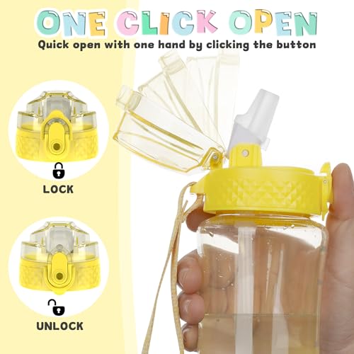OLDLEY 12oz Kids Water Bottle, Tritan BPA-Free, Leakproof Flip Straw Lid, Motivational Time Marker, Carry Strap, Reusable Clear Water Bottle for Boys & Girls,Butter - color: Butter, style: 12 Ounces