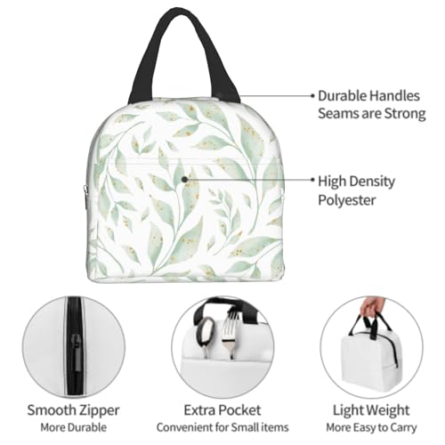 Nerxy Watercolor Leaf Insulated Lunch Bag Spring Sage Green Lunch Box Reusable Cooler Tote Bag Woman 8x5x8.5inch Waterproof Meal Container with Pocket for Work School Travel Office Picnic - color: Leaf