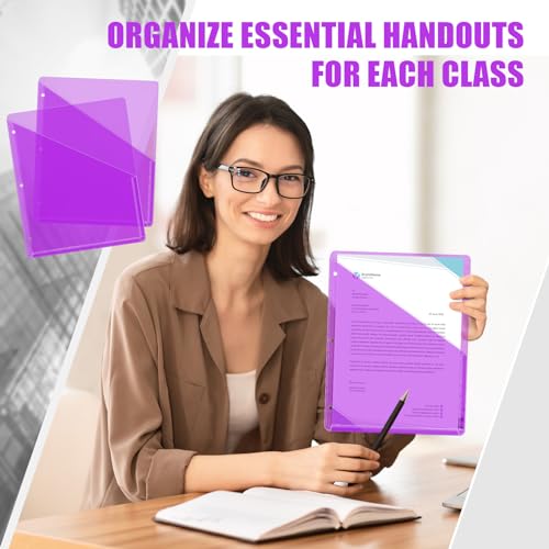 Seajan 48 Pcs Pocket Folders for 3 Ring Binder Clear Plastic Folders Sleeves with 2 Pockets 3 Hole Punch Binder Dividers Poly Slash File Jackets for Office School Document Organizer (Purple) - color: Purple