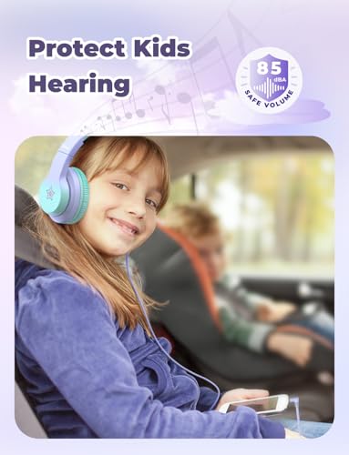iClever HS19S Kids Headphones, 85dBA Safe Volume Limiter - Over Ear Stereo Headphones for Kids Boys Girls, Foldable 3.5mm Jack Wired Headphone for iPad/Tablet/School/Travel - color: Purple Star