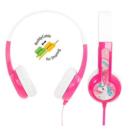 ONANOFF BuddyPhones Discover, Volume-Limiting Kids Headphones, Comfortable and Durable, Built-in Audio Sharing Cable, Compatible with Fire, iPad, iPhone, and Android Devices, Pink