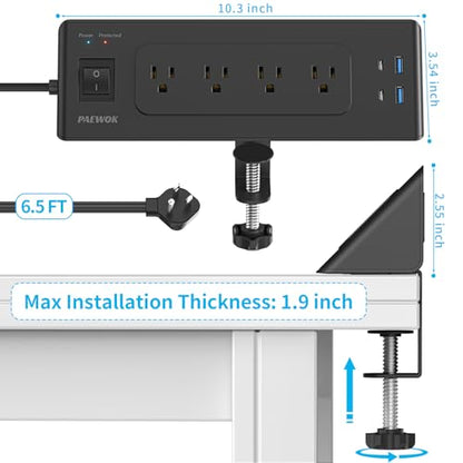 PAEWOK Desk Clamp Power Strip with 4 Outlets 4 USB Ports (2 USB C), Black | 6.5ft Flat Plug Extension Cord, Fit 1.9 inch Tabletop Edge, Desktop Mounted, Surge Protector, Desk Charging Station