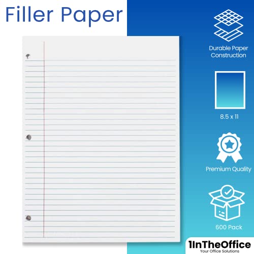 1InTheOffice Loose Leaf Paper College Ruled, Notebook Paper College Ruled, Lined Filler Paper, 3-Hole Punched, 8.5" x 11", Letter Size, 600 Pack