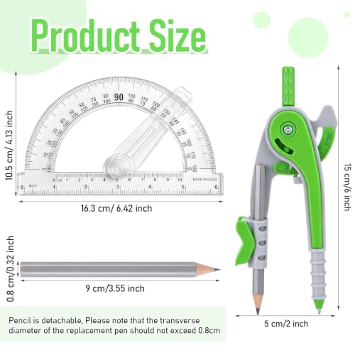 Zonon 2 Pcs Student Protractor and Compass Set, Student Geometry Math Drawing Compass and 180 Degree 6 Inch Protractor with Swing Arm for Drawing Measuring School Office (Green and Clear) - color: Green and Clear
