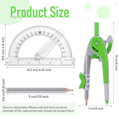 Zonon 2 Pcs Student Protractor and Compass Set, Student Geometry Math Drawing Compass and 180 Degree 6 Inch Protractor with Swing Arm for Drawing Measuring School Office (Green and Clear) - color: Green and Clear