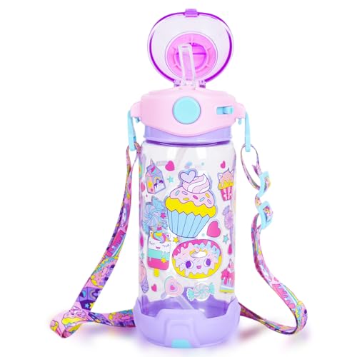 Kids Water Bottle with Straw/Lanyard for School Kids Girls Boys, 22oz BPA Free Child Drinking Water Bottle One-Click-Open Leak-Proof Locking Flip Lid for School Sport Travel - color: H09. Dessert