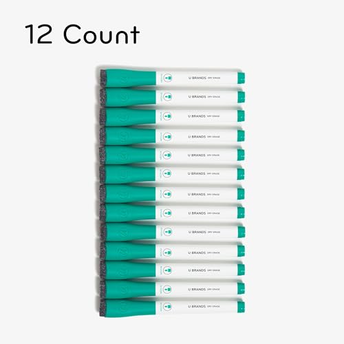 U Brands 파인 팁 드라이 지우개 마커, 지우개 포함, 화이트보드 마커, 적은 냄새, 그린, 12개 세트 - color: 초록색.