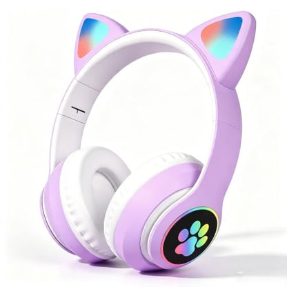 Cat Wireless Headphones for Kids & Adults, Bluetooth Foldable & Wired Multi-Function LED Light Up Over Ear Headphones with Mic and Volume Control for iPhone/iPad/Laptop/PC(Lilac) - color: lilac