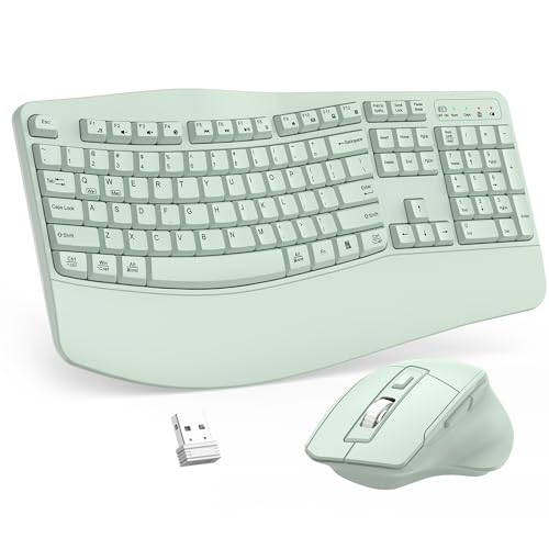 Wireless Keyboard and Mouse Combo, 2.4G Full Size Wave Keys Ergonomic Keyboard with Wrist Rest and 3-Level DPI Adjustable Wireless Ergonomic Mouse for Windows, Mac OS Desktop/Laptop/PC(Avocado Green) - color: Green