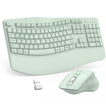 Wireless Keyboard and Mouse Combo, 2.4G Full Size Wave Keys Ergonomic Keyboard with Wrist Rest and 3-Level DPI Adjustable Wireless Ergonomic Mouse for Windows, Mac OS Desktop/Laptop/PC(Avocado Green) - color: Green