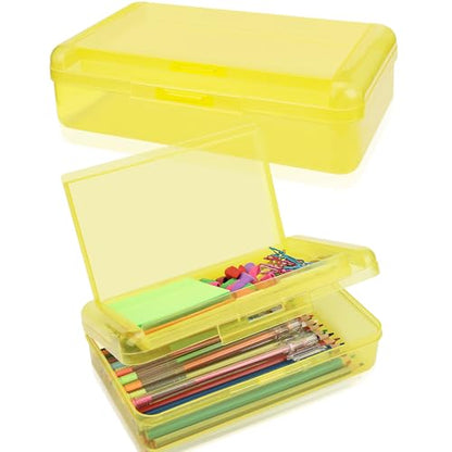SFLHHDM Large Pencil Box, Double Layer Capacity Pencils Holders, Clear Hard Pen Case with Snap-tight Lid, Plastic Pencil Case for Office School, Pen Boxes Storage School Box (Amber Yellow-1pcs) - color: Amber Yellow-1pcs