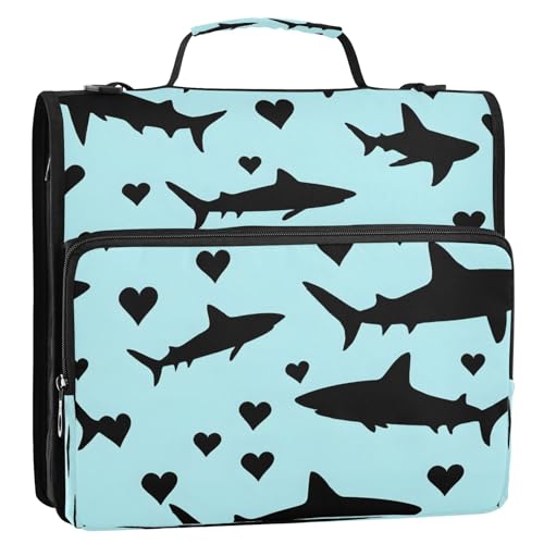 3 Ring Zipper Binder With Shoulder Strap Documents Storage Organizer Animal Dog - color: White Shark Pattern
