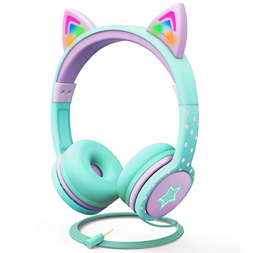 FosPower Kids Headphones with LED Cat Ears (85dB Safe Volume Limit), 3.5mm Soft On-Ear Wired Headphones with Tangle-Free Laced Cables for iPad/Tablet/School/Travel - Teal/Light Purple | FosPower Wired 0.3 cm Kids Headphones with LED Cat Ears - Green - col