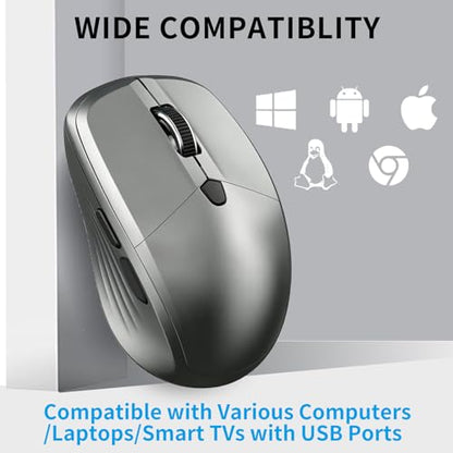 Small Wireless Ergonomic Computer Mouse for Laptop PC Desktop Chromebook | Silent Cordless Mice with Side Buttons, USB Receiver, 1000/1600/2400 DPI, Quiet Click, for Small to Medium-Sized Hands - Grey