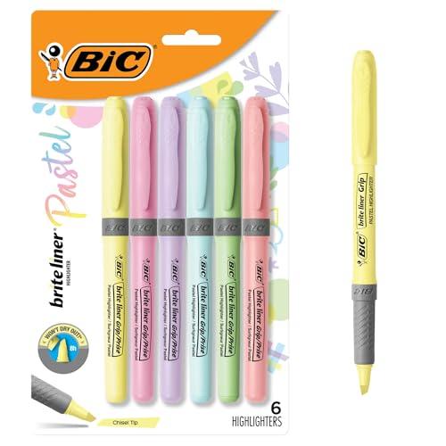 BIC Brite Liner Grip Pastel Highlighter Set, Chisel Tip, 6-Count Pack of Pastel Highlighters in Assorted Colors, Cute Highlighters for Bullet Journaling, Note Taking and More - size: 6 Count (Pack of 1)