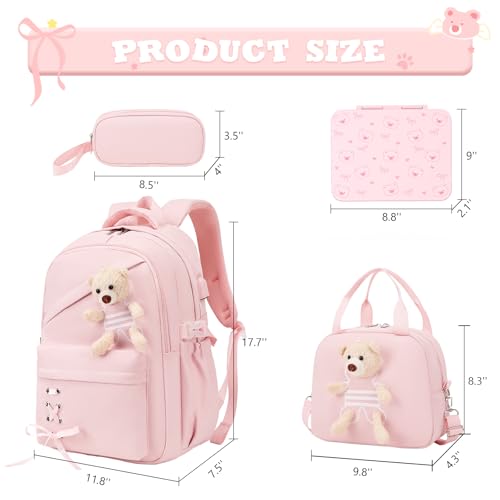 ACESAK Backpack for Girls with Bento Box - 4 PCS Cute Girls Backpack with Lunch Box, Pencil Case & Bento Box Set - 43oz Leakproof Lunch Box Kids Snack Containers Set Back to School Supplies (Pink) - color: Pink