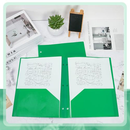Yeaqee 72 Pcs Plastic Folders with Pockets Bulk 3 Hole Punched 2 Pocket File Folders for 3 Ring Binder Divider Folder for Notebooks, Durable Poly for Office Home (Green) - color: Green