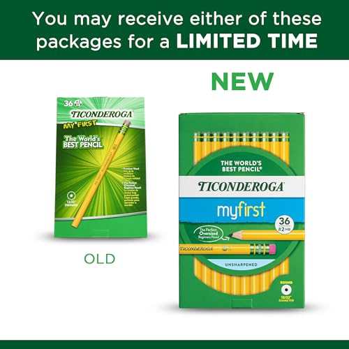 Ticonderoga My First Wood-Cased Pencils, 2 HB, Yellow, 36 Count - size: 36 Count (Pack of 1), style: W/Erasers