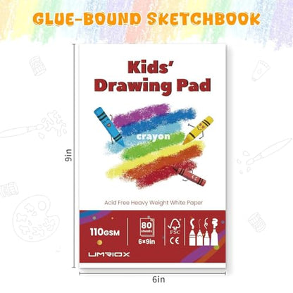 Umriox Drawing Pad for Kids, 6" x 9" Sketch Book, 2-Pack Sketch Pad (80 Sheets Each), 110gsm Acid-Free Drawing Paper, Glue-Bound Art Sketchbook for Kids' Classroom, Travel & School Art Supplies - size: 6" x 9"