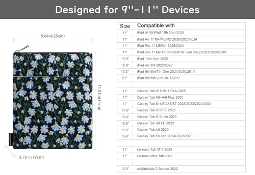 Dadanism 9-11 Inch Embroidered Daisy Padded Carrying Case Protective Tablet Sleeve for iPad A16 11th Gen 11"/10th Gen 10.9", iPad Air 11"/Pro 11"/Air 5th 4th 10.9", Galaxy Tab A11+ Plus 11", Black - color: Black