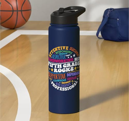 Fifth Grade Rocks Teacher Student - 5th Grade Back to School Stainless Steel Insulated Water Bottle - color: Navy Blue