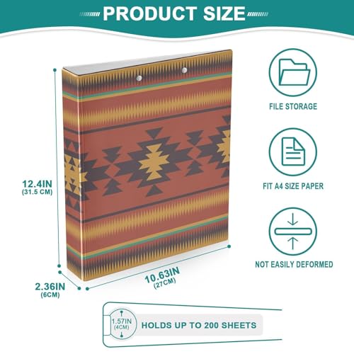 3 Ring Binder with Clipboard, D Rings Holds 200 Sheets, Heavy Duty Binders Folder for School Office, Waterproof PVC Cover with 3 Interior Clear Pockets, Southwestern Fall Pattern