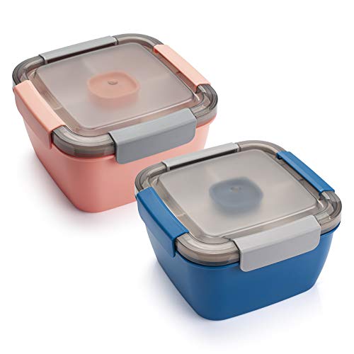 Freshmage Salad Lunch Containers To Go, 2 Pack 52-oz Bowls with 3 Compartments, Dressing Containers for Toppings, Snacks (Blue+Pink) - color: Blue+Pink