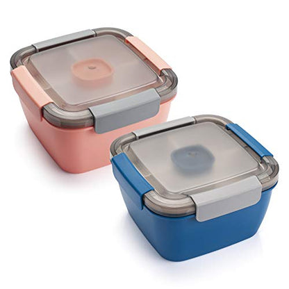 Freshmage Salad Lunch Containers To Go, 2 Pack 52-oz Bowls with 3 Compartments, Dressing Containers for Toppings, Snacks (Blue+Pink) - color: Blue+Pink