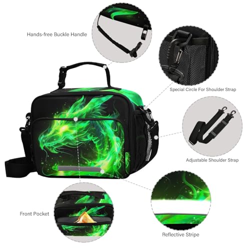 Green Flame Dragon Kids Lunch Box Insulated Lunch Bags Cooler Tote Bag with Removable Shoulder Strap for Boy Girl Student 20856151 - color: Green Dragon