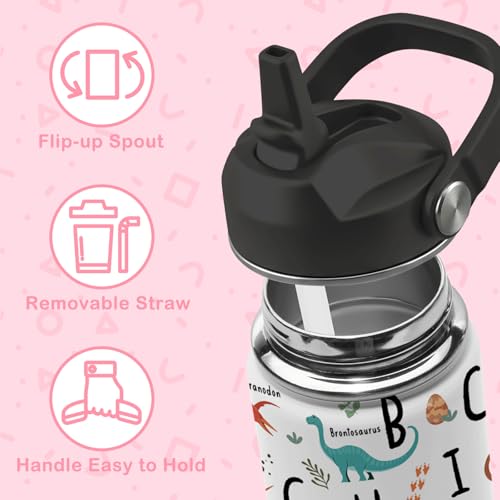 Alphabet Dinosaur Water Bottle for Boys, 16oz Kids Stainless Steel Insulated Water Bottle with Straw Lid, Dinosaur Dino Cup Tumbler Gifts for School - color: Alphabet Dinosaur