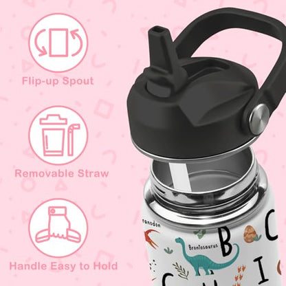Alphabet Dinosaur Water Bottle for Boys, 16oz Kids Stainless Steel Insulated Water Bottle with Straw Lid, Dinosaur Dino Cup Tumbler Gifts for School - color: Alphabet Dinosaur