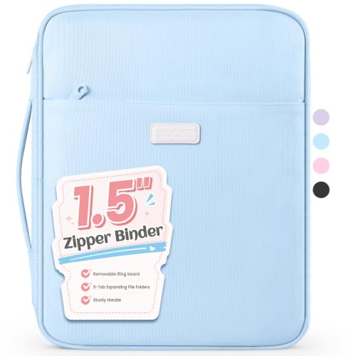 Sooez Zipper Binder Bag, 1.5 Inch Binders 3 Ring O-Ring, 5-Tab Dividers Expanding File Folder, 650-Sheet Capacity Paper Organizer, Cute Organizer Storage for Student School Classroom Supplies, Blue - color: Blue